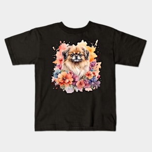 A pekingese decorated with beautiful watercolor flowers Kids T-Shirt